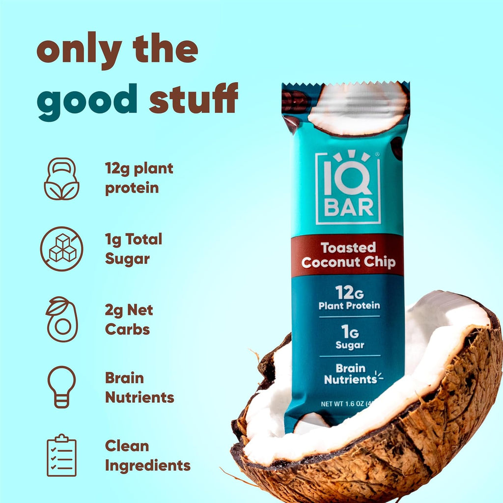 IQBAR Clean Protein Bars, Low Sugar Keto, Toasted Coconut Chip 12-Count