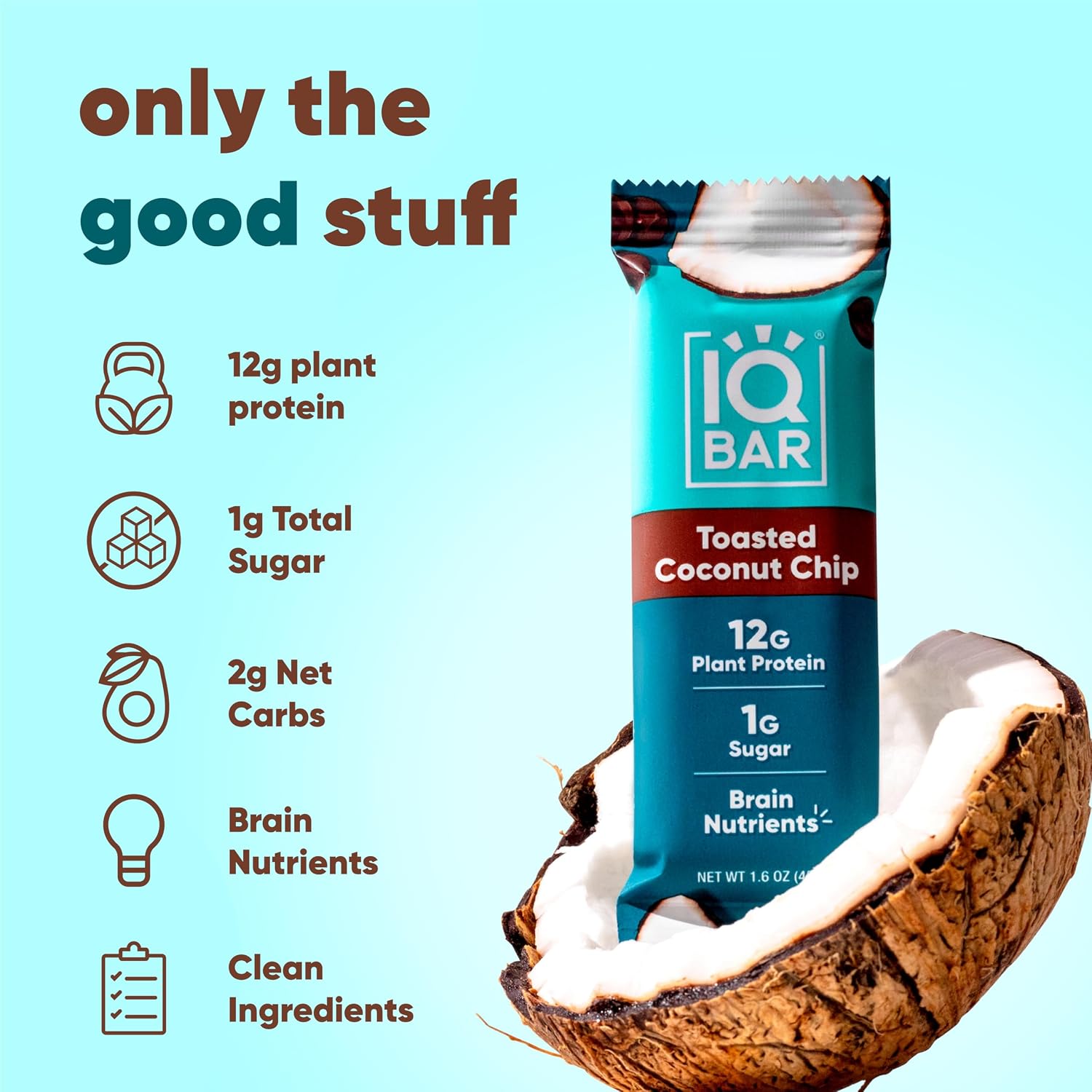 IQBAR Clean Protein Bars, Low Sugar Keto, Toasted Coconut Chip 12-Count