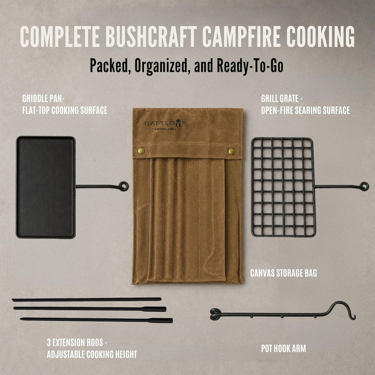 BattlBox Swivel Grill Set, Bushcraft Steel Campfire Camping Cooking Grate