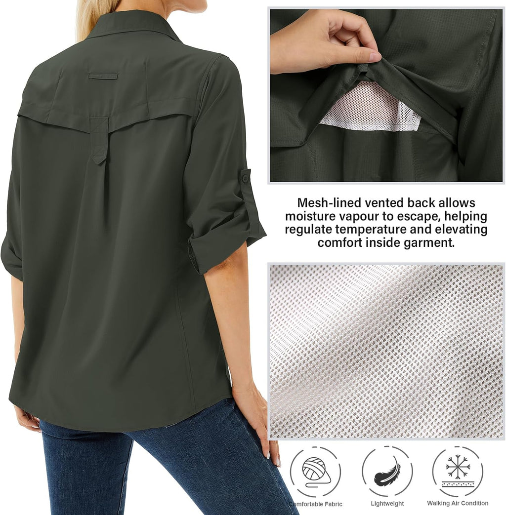 Women's UPF 50 Long Sleeve Sun Protection Safari Fish Hiking Shirts