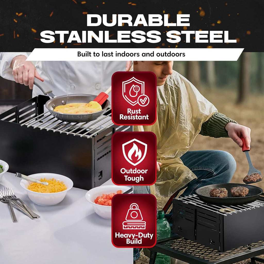 Chef Master Butane Stove Cover - Universal Fit for Any Standard Size - Premium Black Steel Collapsible Camp Wind Guard - Camping Windscreen & Grill Wind Blocker Panel - Outdoor Cooking Accessory 90278