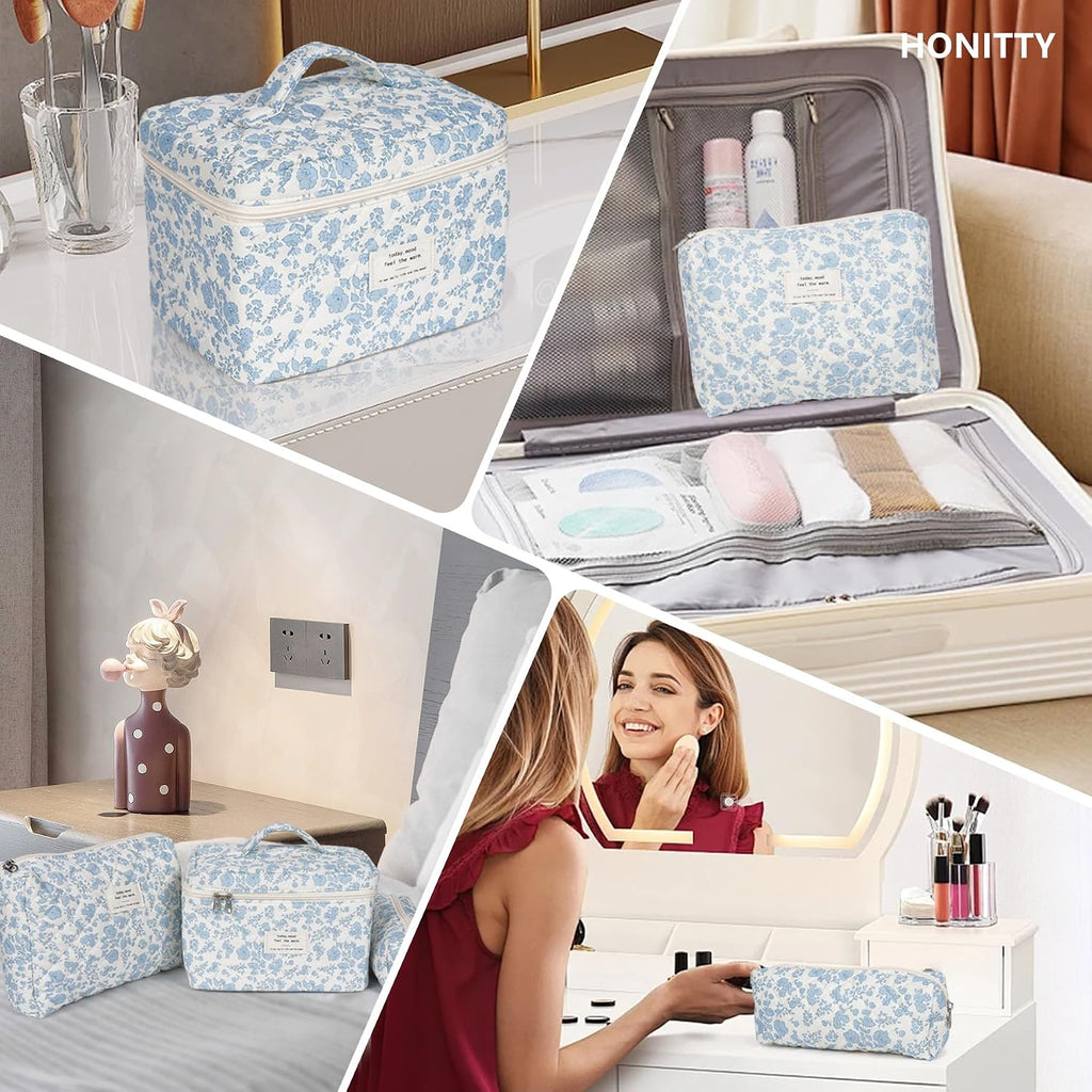 Makeup Bag,Quilted Cosmetic Bag,Large Floral Make Up Bag for Women,Cotton Makeup Bag Set,Flower Travel Toiletry Bag