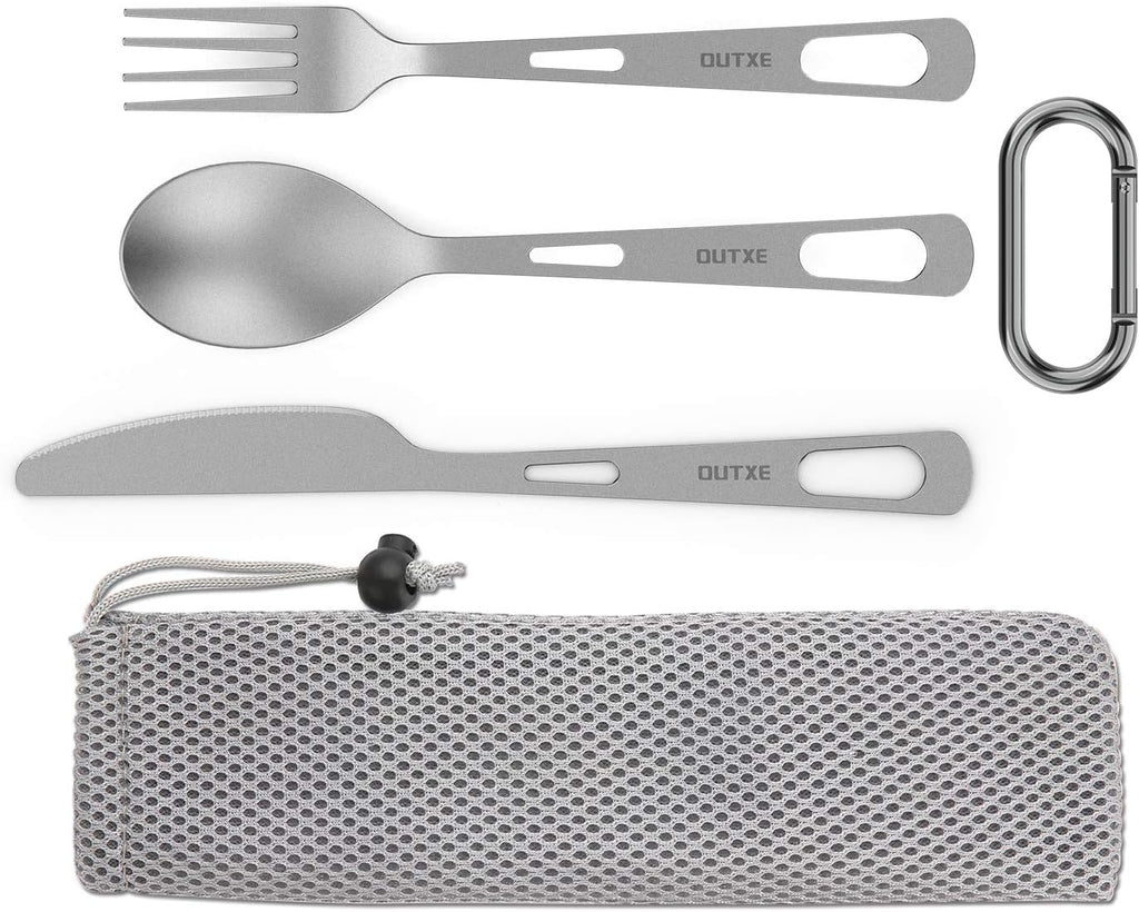 OUTXE Titanium Flatware Polished Knife Fork Spoon Set Lightweight Ti Camping Utility Cutlery Set with Carrying Bag for Traveling Picnic Hiking