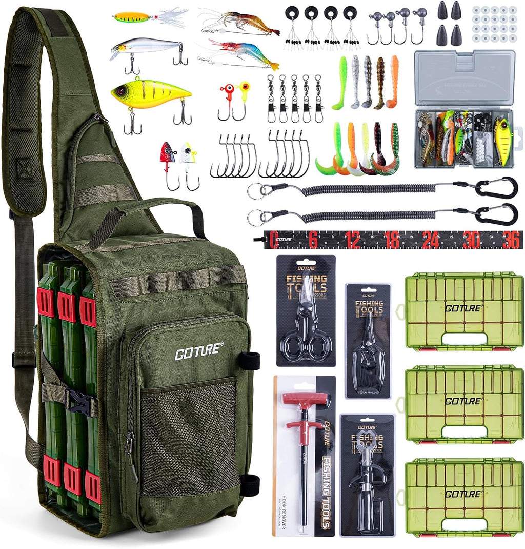 Goture OpenSide Tactical Sling Tackle Bag with 3 Tackle Trays and Fishing Tools, Lightweight Fishing Backpack Storage Gear and Equipment - Green Bag Outdoor, Gift for Men