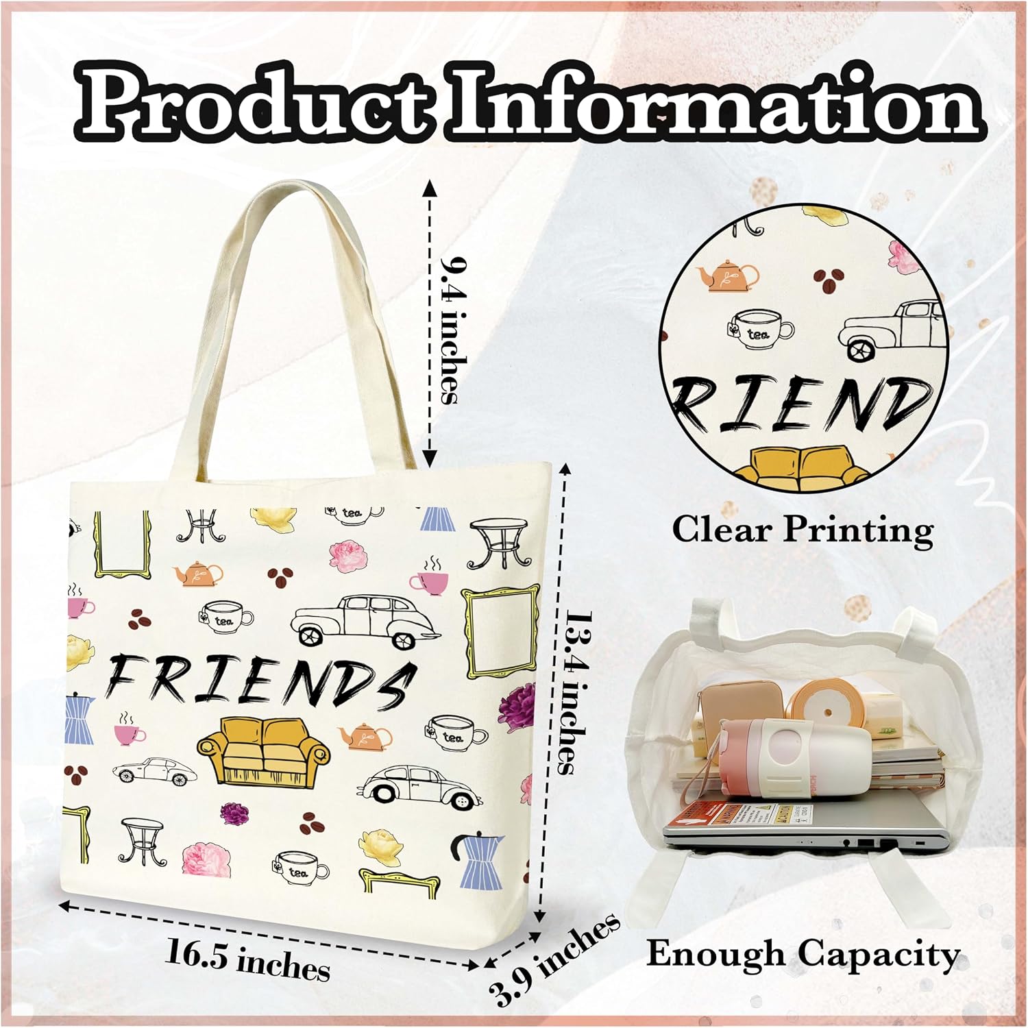 Friends Canvas Tote Bag, TV Show Gifts Tote Bags for Women, Friendship Gifts for Besties, Reusable Cloth Cotton Bags for Travel Shopping Beach - O01