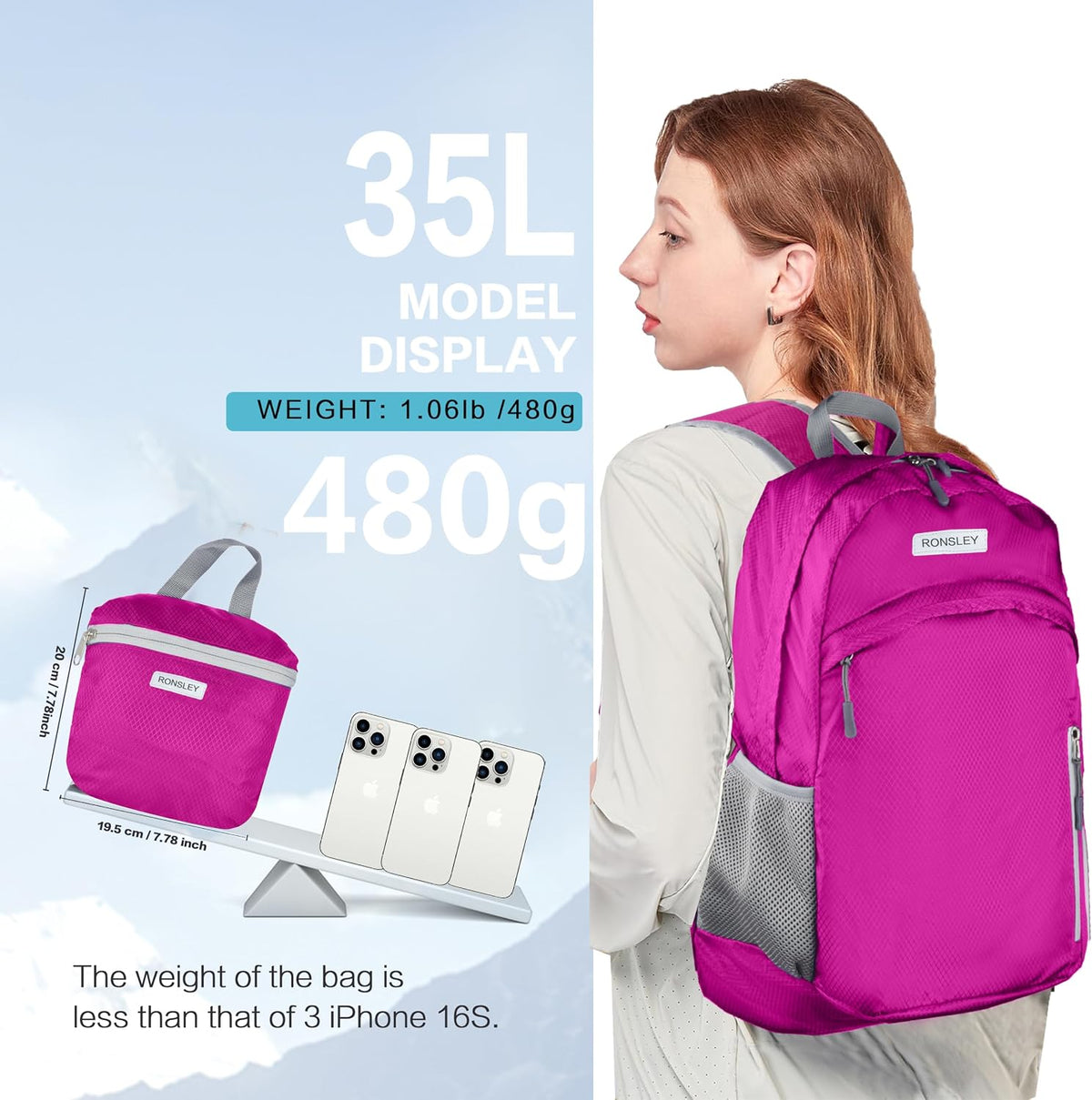 Waterproof Foldable Hiking Backpack, Lightweight Beach Bag DarkPink