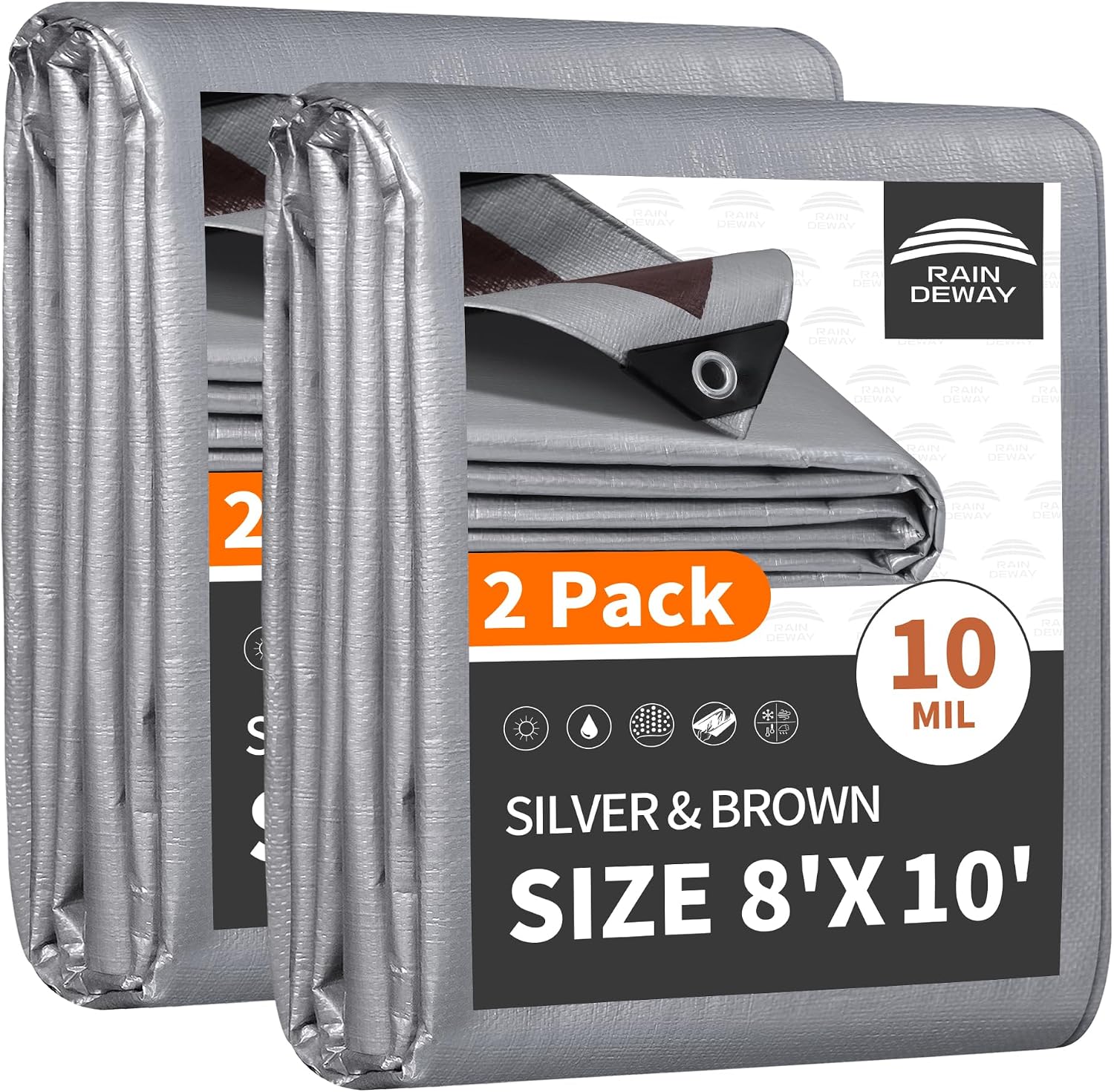 RAINDEWAY 8x10 Feet(2 Pack) Tarps Heavy Duty Waterproof,10Mil Tarp Cover