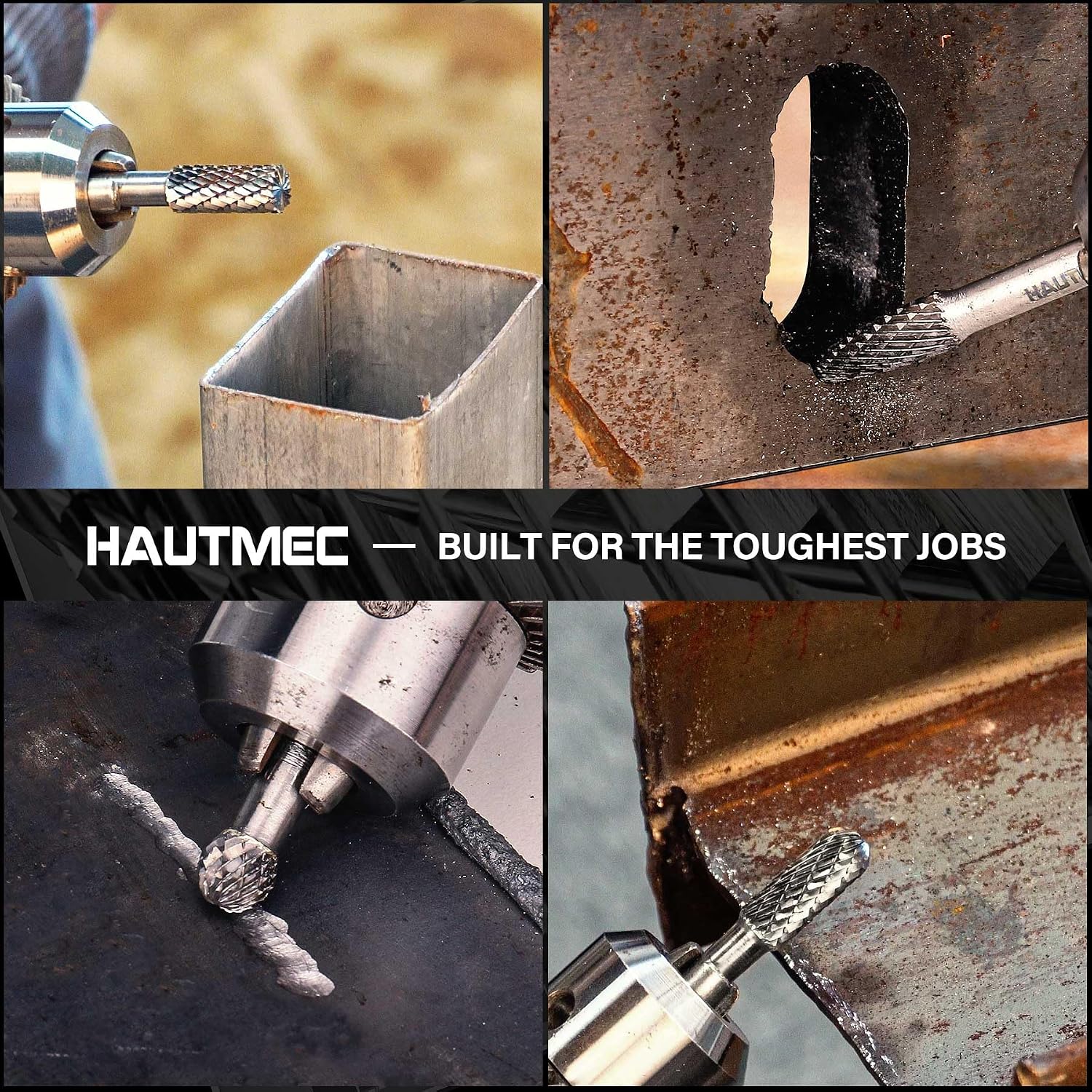HAUTMEC Tungsten Carbide Rotary Burr Bit YG6, 1/4" Shank Double Cut Die Grinder Bit, Low Vibration Precision Rotary File for Metal Grinding, Engraving & Deburring (8MM Cylindrical Ball End), HT0199