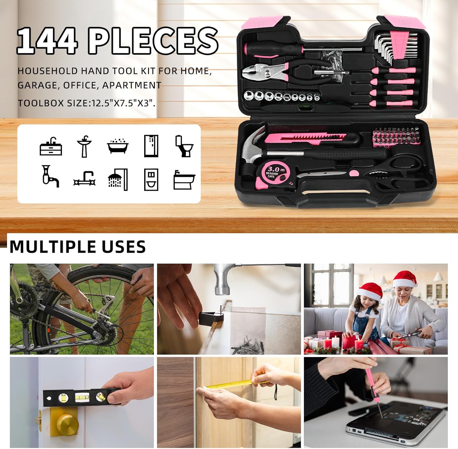 144-Piece Household Tool Set, Pink Tool Kit with Plastic Toolbox
