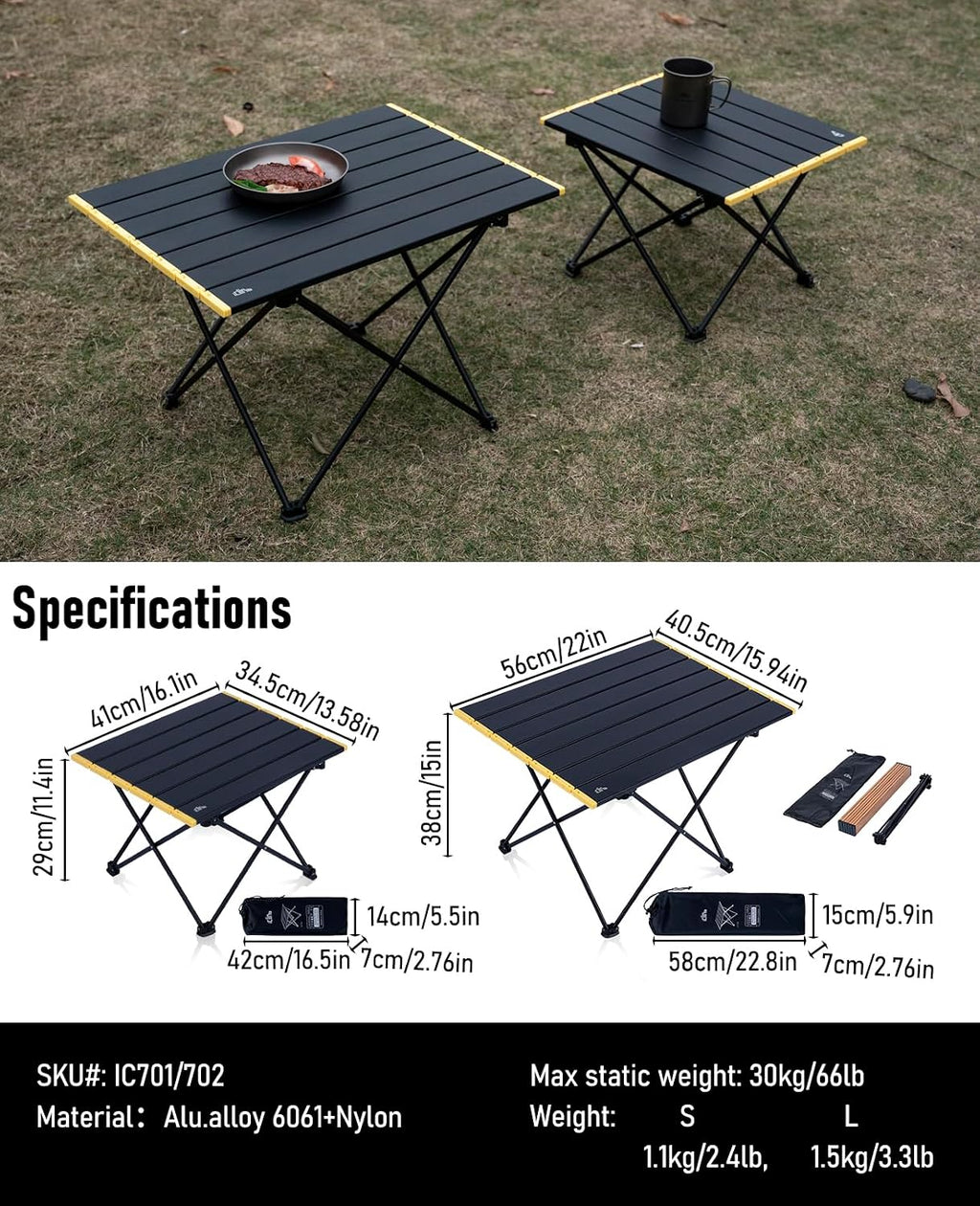 iClimb Ultralight Compact Camping Folding Table (Black - L)