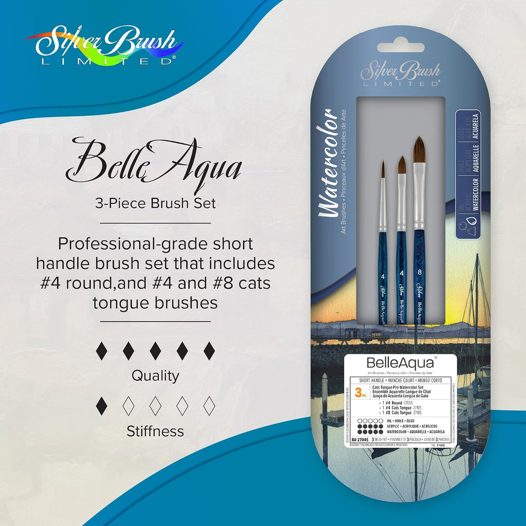 Silver Brush Limited BelleAqua Cats Tongue Pro Watercolor Brush Set, 3pc
