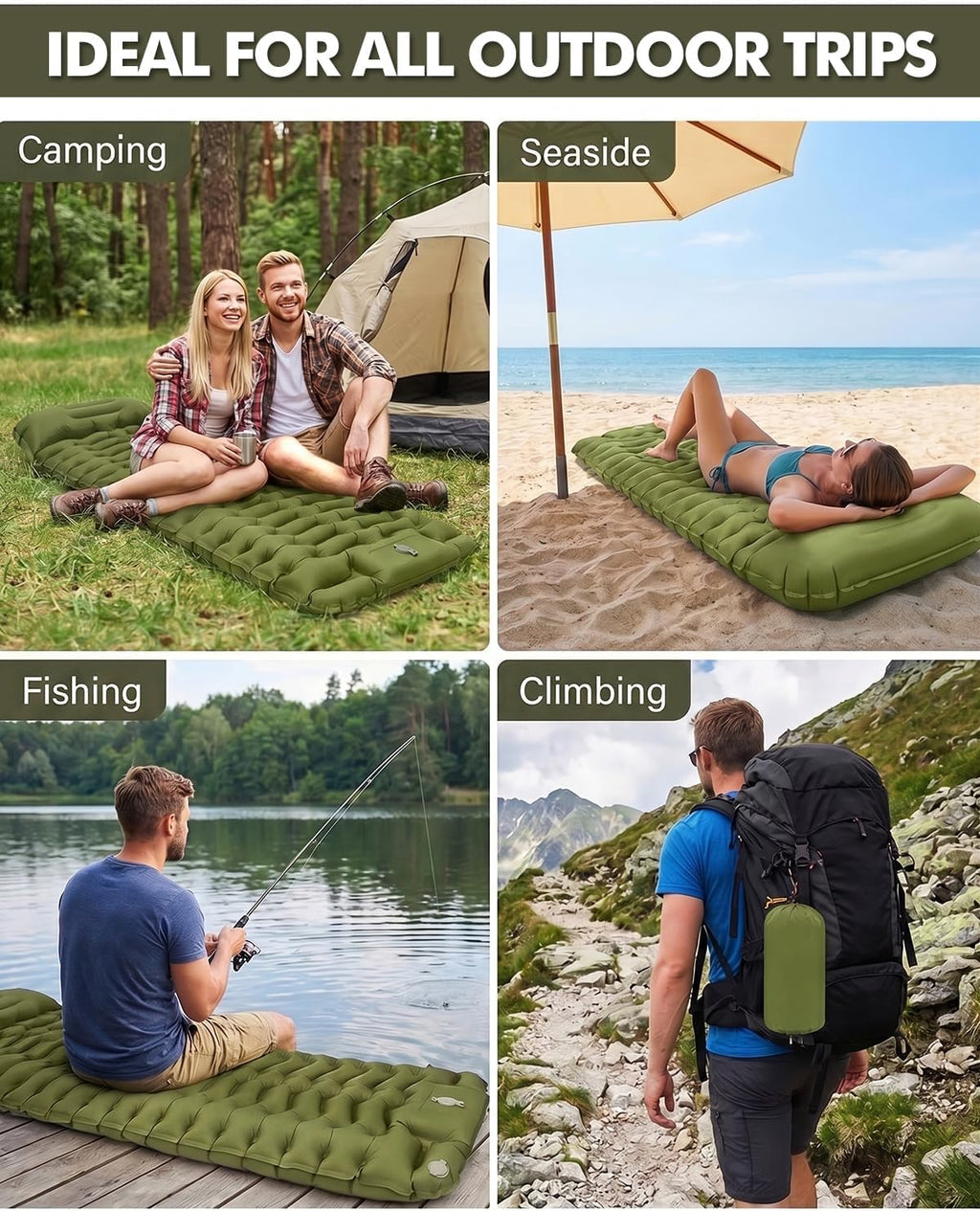 Camping Sleeping Pad, Inflatable Camping Mattress Pad with Built-in Pillow & Foot Pump, 4 Inch Thick Ultralight Sleeping Air Mattress for Backpacking, Hiking, Traveling, Tent Camping - Olive Green