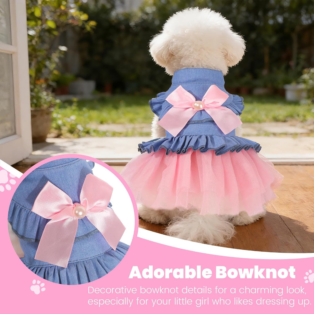 Dog Dress, Fashion Puppy Tutu Princess Dresses for Small Dogs Girl, Sweet Skirt with Dog Bowknot Clips, Spring Dog Cat Clothes Pet Apparel (Denim Princess Dress, XX-Small)