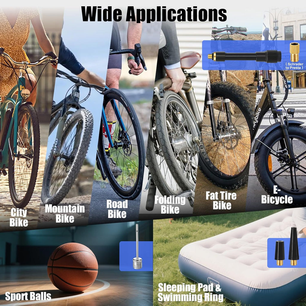 Mini Bike Tire Pump, Max 150 PSI, 25s Fast Inflate Bicycle Pump with Gauge, Electric Tire Inflator, Portable Air Pump with Presta & Schrader Valve for Mountain, City, Road, E-Bike, and Ball