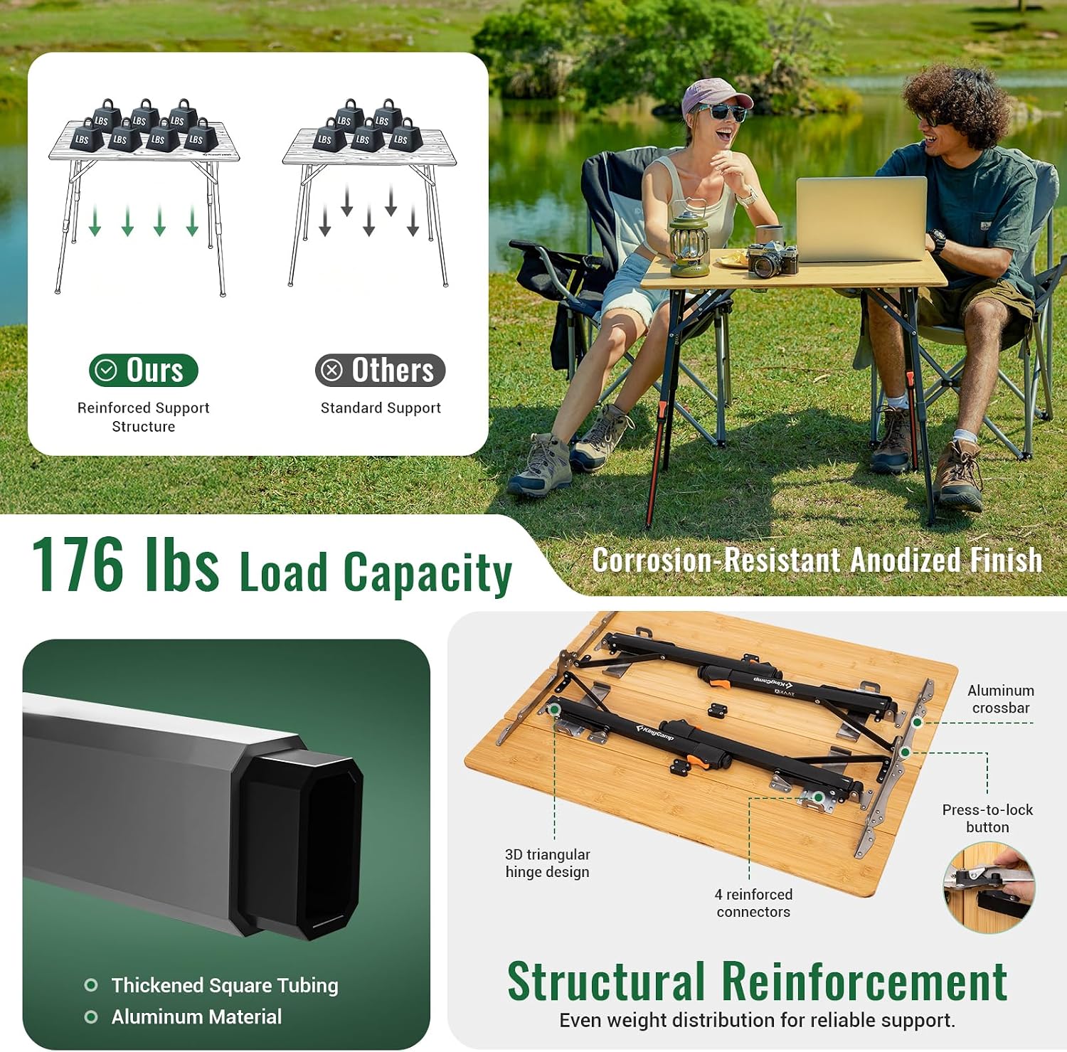 KingCamp Bamboo Folding Table, 4-Fold Camping Adjustable Height Portable Outdoor Lightweight & Compact Table with Aluminum Frame for RV Picnic BBQ Tailgating