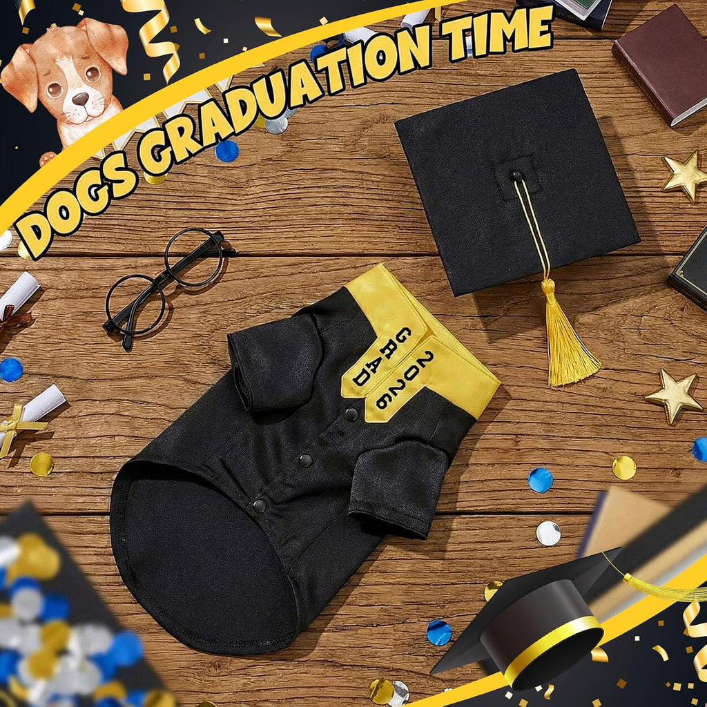 Huhumy 5 Pcs Dog Graduation Costume Set Include 2026 Pet Graduation Gown with Stole Puppy Grad Cap Lensless Glasses DIY Letter Stickers for Dogs Cats Holiday Costume Accessory(Black Yellow,S)