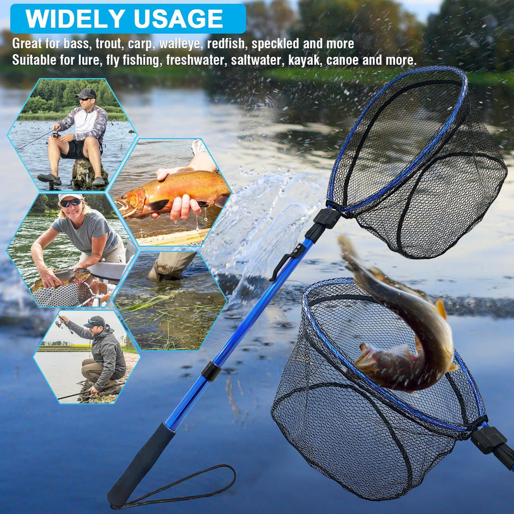 LBW Collapsible Fishing Net with Handle, Folding Kayak Net for Freshwater or Saltwater, Trout Catfish Bass Compact Rubber Landing Net