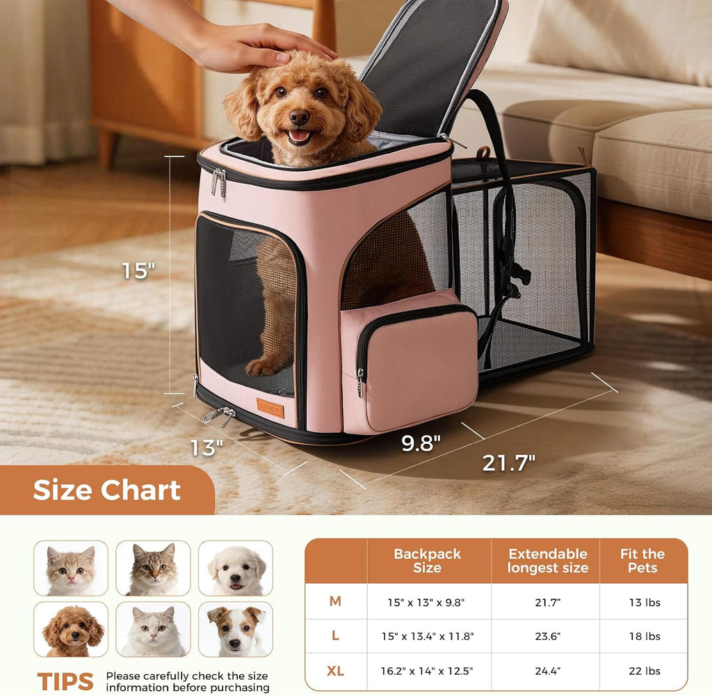 Lekereise Pet Carrier Backpack Expandable Cat Backpack Carrier for Small Dogs Large Cats Puppies, Dog Backpack Carrier for Hiking Travel Outdoor Hold Pets Up to 20 25 Lbs, Pink