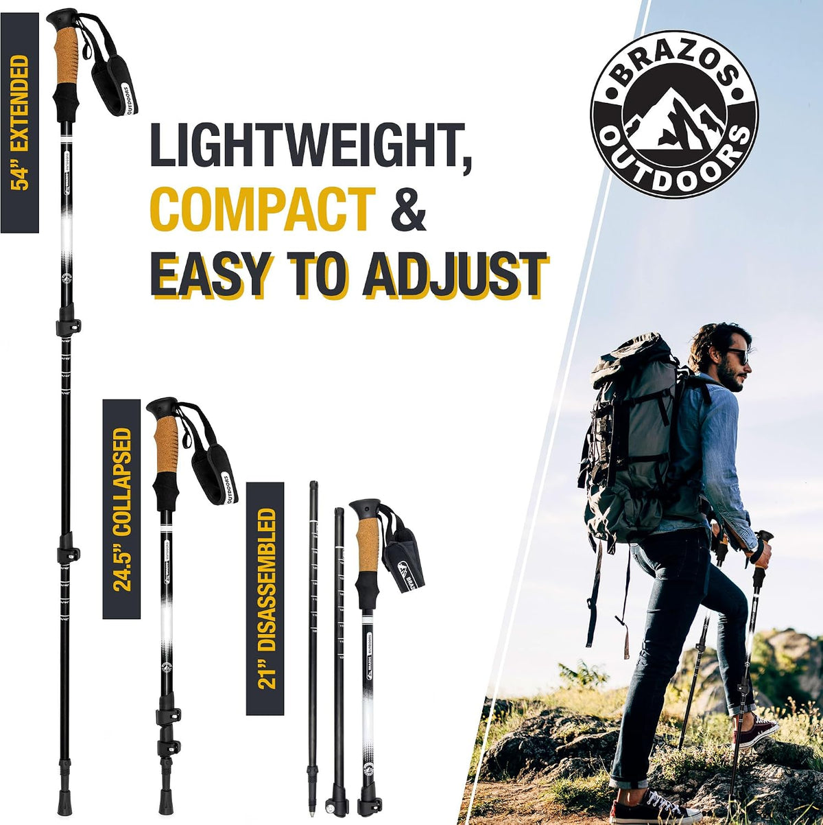 Brazos Trekking Poles for Hiking | Collapsible Walking Stick | 24" to 54" (Pair of 2) 9.7oz Ultra-Light Aluminum with Cork Grip | Hiking in All Terrains & Seasons