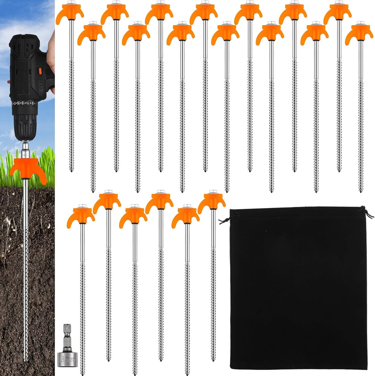 JaGely 20 Pcs 12 Inch Tent Stakes Screw in Camping Stake Heavy Duty Metal Spikes Ground Anchor Peg Threaded Tent Spikes with Hex Head Driver for Camping Garden Inflatable Outdoor Decor (Black)