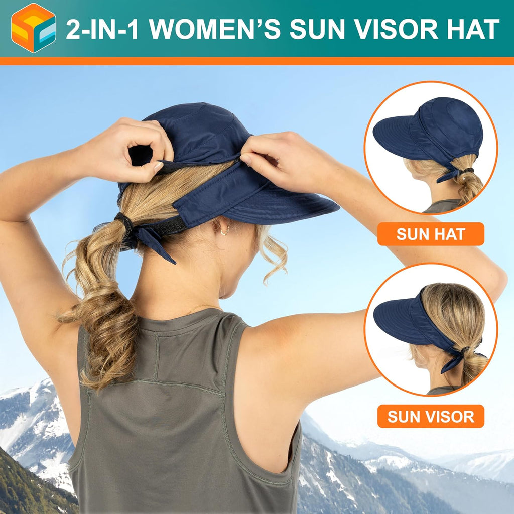 SUN CUBE Womens Sun Hat UV Protection Wide Brim Zip-Off Golf Visor