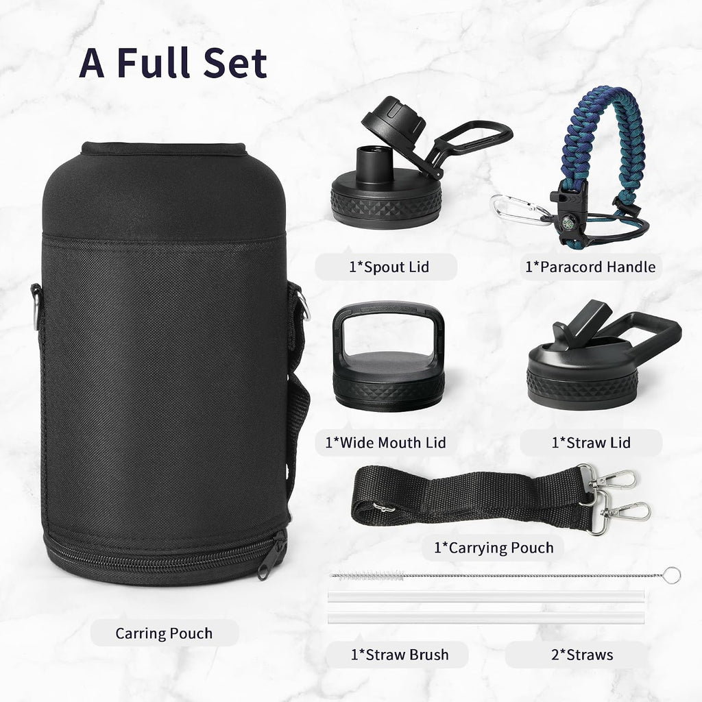 Trebo 64 oz Water Bottle Stainless Steel with 3 Lids, Paracord Handle & Bag