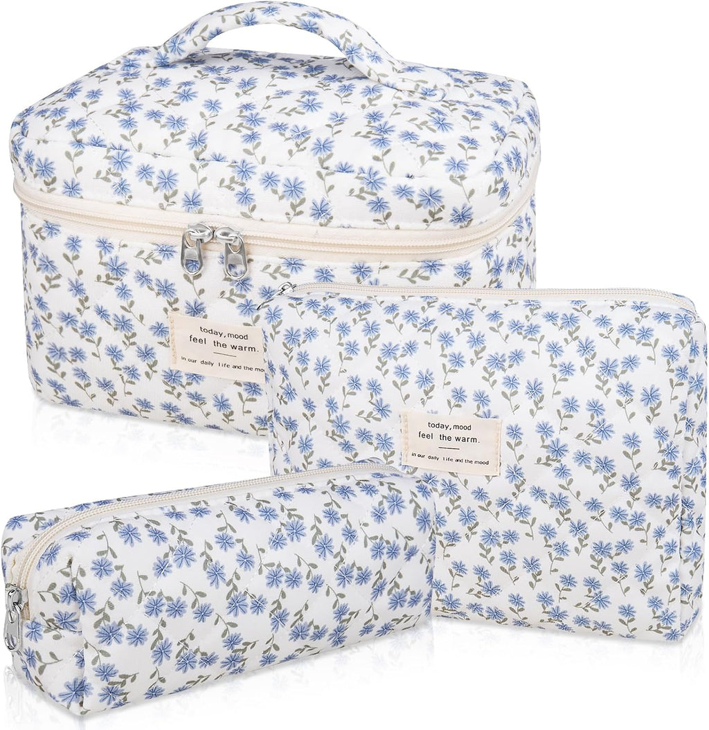 Gosect Makeup Bag Set, Quilted Makeup Bag, Large Floral Cosmetic Bag for Women, Cute Cotton Makeup Bags, Flower Travel Toiletry Organizer Bag (Blue Peacock Flower)