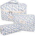 Gosect Makeup Bag Set, Quilted Makeup Bag, Large Floral Cosmetic Bag for Women, Cute Cotton Makeup Bags, Flower Travel Toiletry Organizer Bag (Blue Peacock Flower)