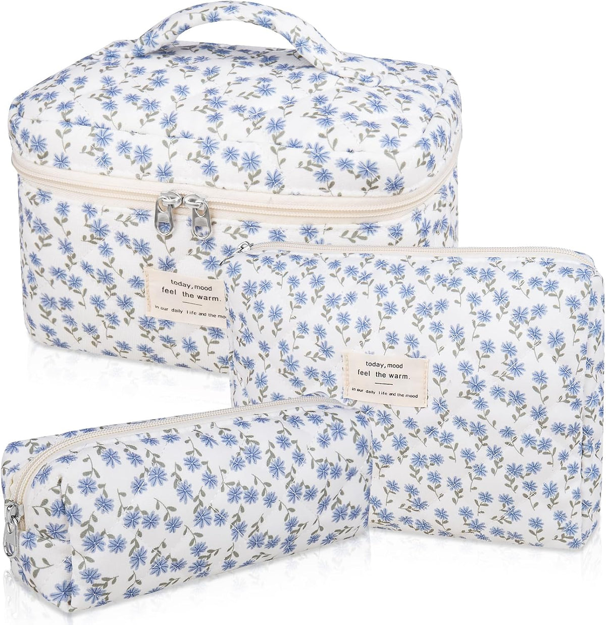 Gosect Makeup Bag Set, Quilted Makeup Bag, Large Floral Cosmetic Bag for Women, Cute Cotton Makeup Bags, Flower Travel Toiletry Organizer Bag (Blue Peacock Flower)