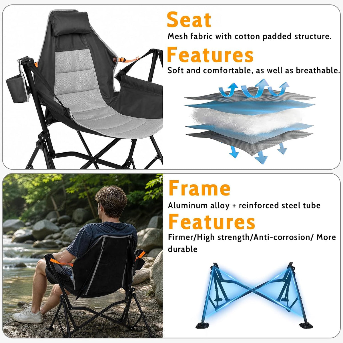 Romswi 1 Pcs Hammock Chair, Oversized Portable Folding Swinging Chair with Adjustable Back & Seat, Supports 440lbs for Outdoor, Patio, Lightweight Camp Chair Black (Without footrest)