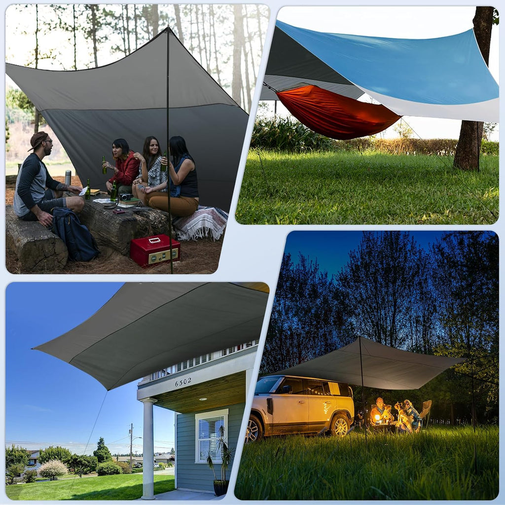 12X14FT Camping Tarp with 2 Poles, UV UPF50+ Lightweight Car Awning Sun Shelter, PU3000 Waterproof Tarp for Camping, Hiking and Backpacking Trips