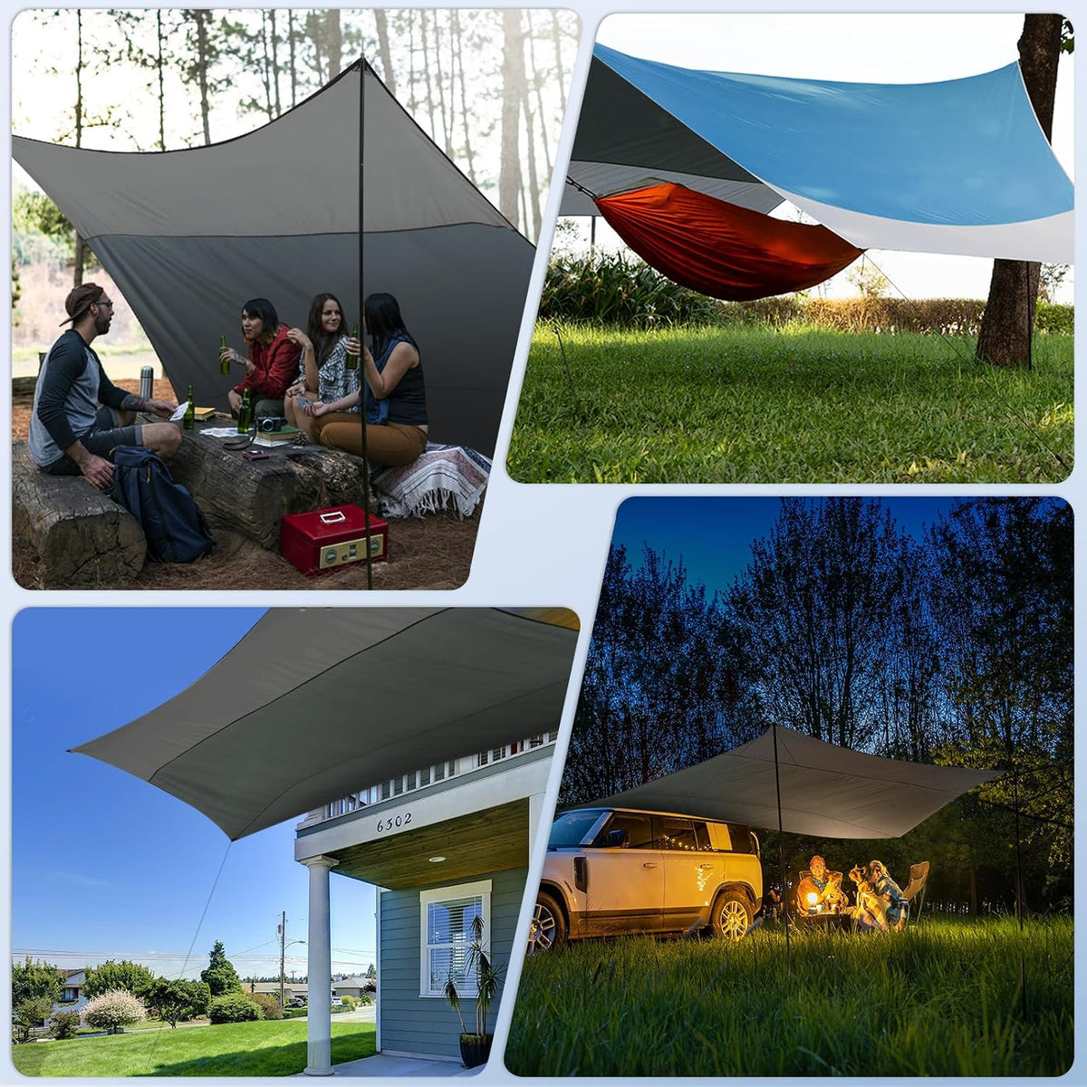 12X14FT Camping Tarp with 2 Poles, UV UPF50+ Lightweight Car Awning Sun Shelter, PU3000 Waterproof Tarp for Camping, Hiking and Backpacking Trips