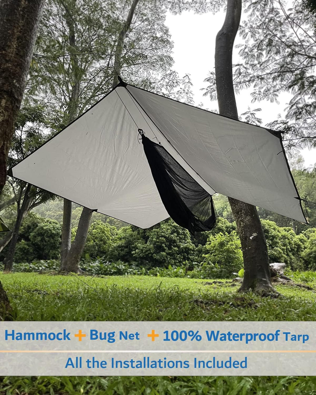 Sunyear Hammock Camping with Rain Fly Tarp and Net, Portable Camping Hammock Double Tree Hammock Outdoor Indoor Backpacking Travel & Survival, 2 Tree Straps,100% Waterproof Black/Grey Bundle