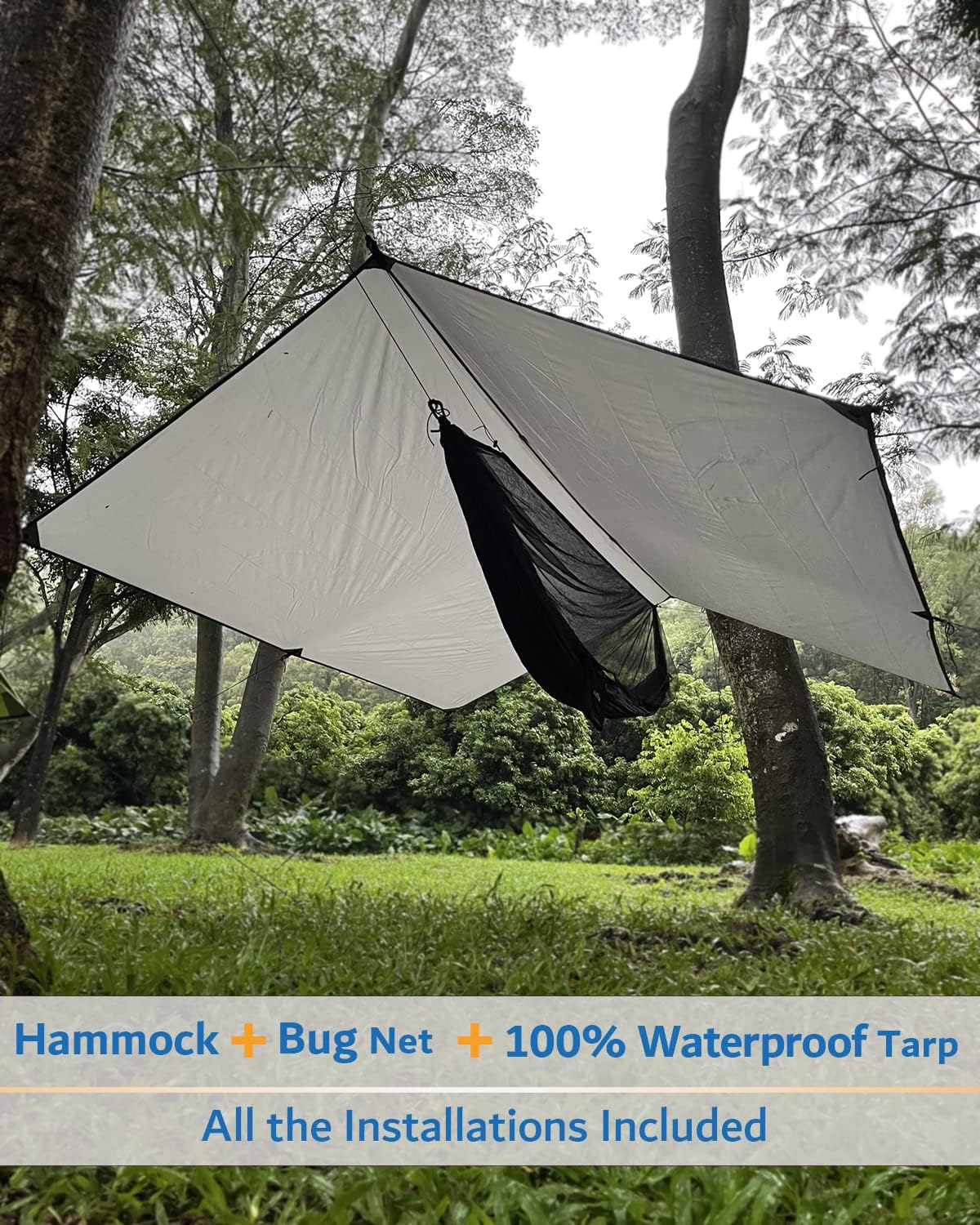 Sunyear Hammock Camping with Rain Fly Tarp and Net, Portable Camping Hammock Double Tree Hammock Outdoor Indoor Backpacking Travel & Survival, 2 Tree Straps,100% Waterproof Black/Grey Bundle