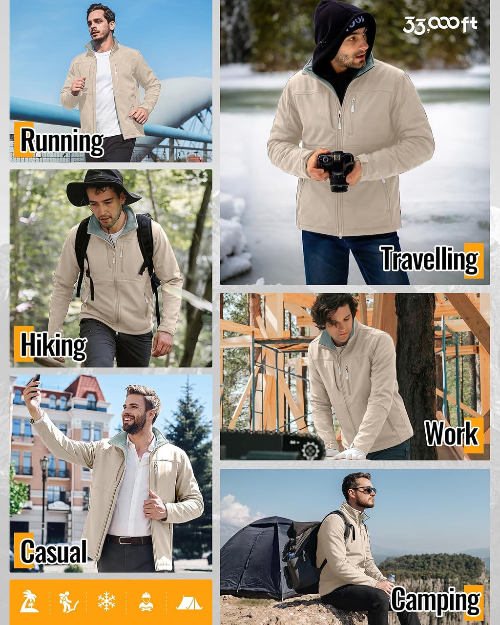 33,000ft Men's Lightweight Softshell Jacket Fleece Waterproof Windbreaker