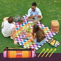 Cozy Club Waterproof Picnic Blanket – Foldable Outdoor Mat 60x70 with Stakes, Pocket & Shoulder Strap | Sandproof Beach Blanket for Festivals, Camping & Travel | Self-Packing | Multicolor | US Brand