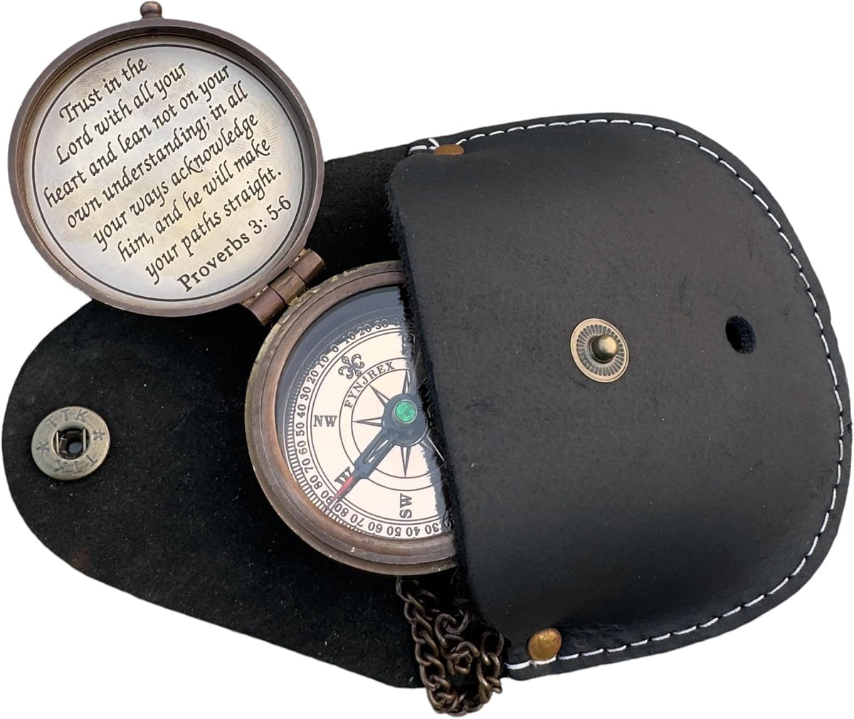 Proverbs 3: 5-6 Engraved Compass Gift for Men, Trust In The Lord Inscription Compasses Graduation Gift, Confirmation Gift, Baptism Religious Gift, Communion Survival Brass Compass With Leather Case