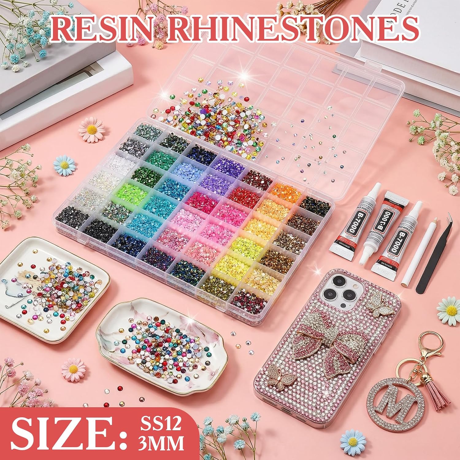 80000Pcs Bedazzling Kit, 42 Colors 3mm Flatback Rhinestones with 3 B7000 Glue & Tools, Bedazzler Kit for Crafts Clothes Tumblers Nail Art & Diamond Painting - Christmas Birthday Gift for Girls