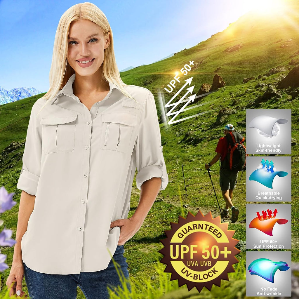Women's UPF 50 Long Sleeve Sun Protection Safari Fish Hiking Shirts