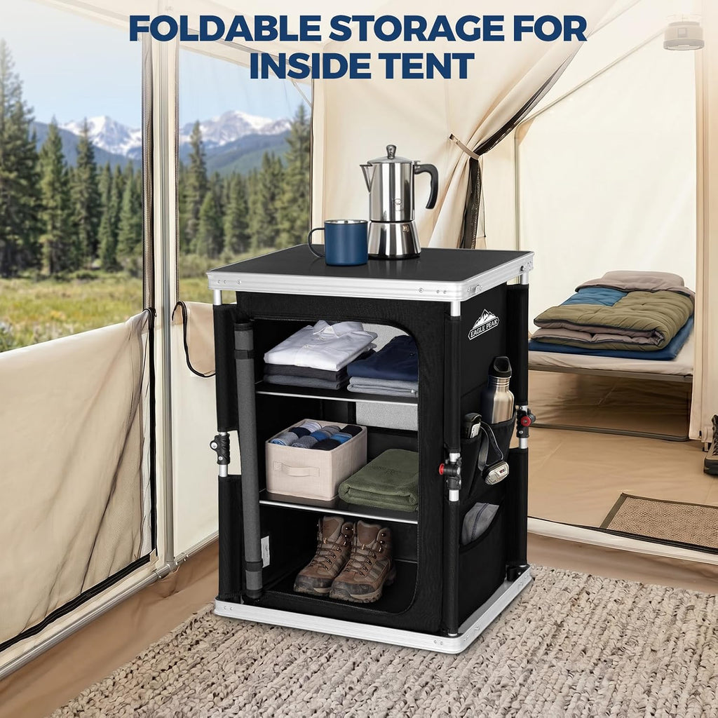 EAGLE PEAK Outdoor Folding Camping Table with Large 3-Tier Storage Organizer and Side Pockets, Easy Set Up Portable Aluminum Camping Kitchen, Black