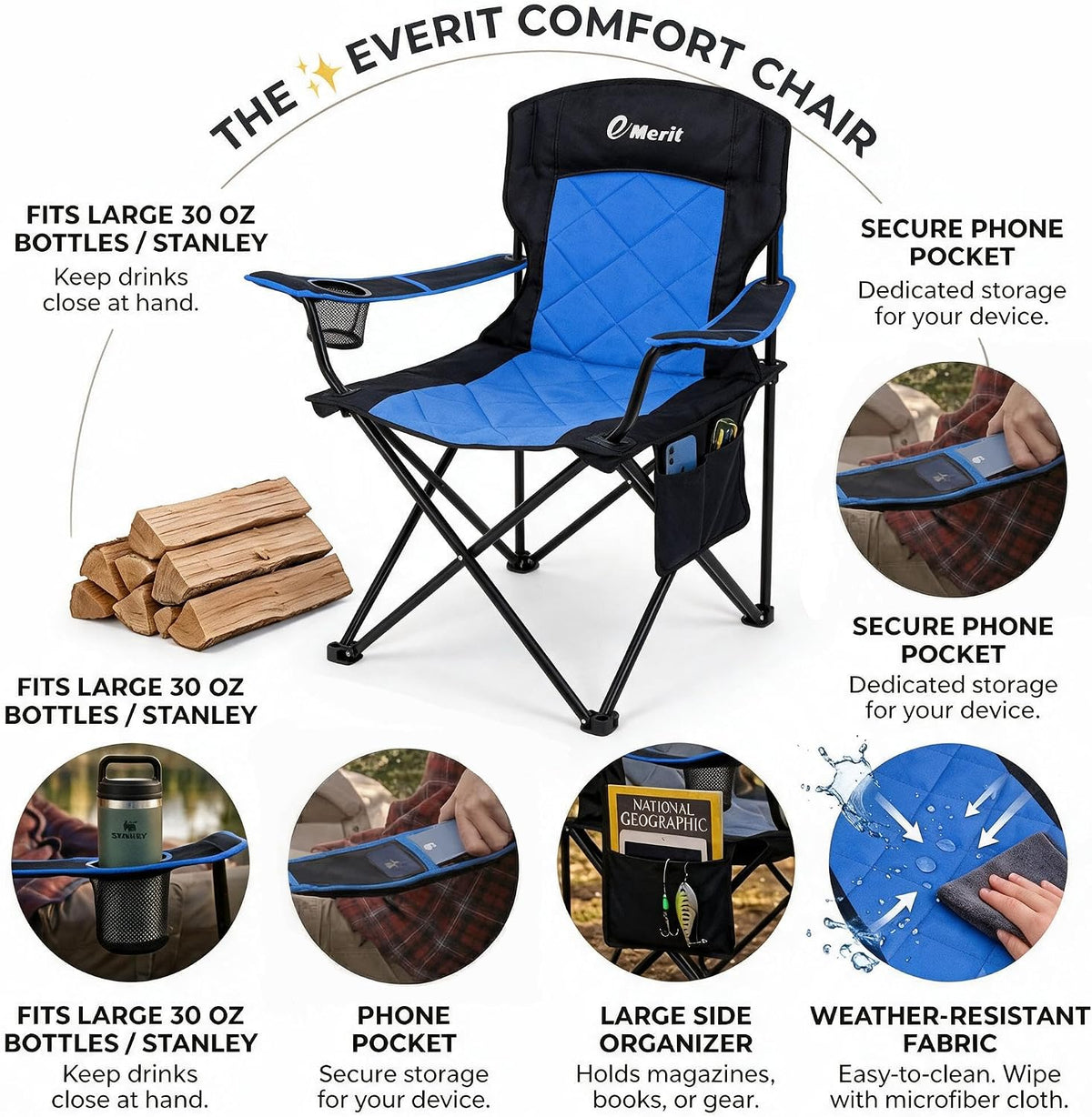 EMERIT 2-Pack Folding Camping Chair, Diamond-Quilted & Adjustable Armrest