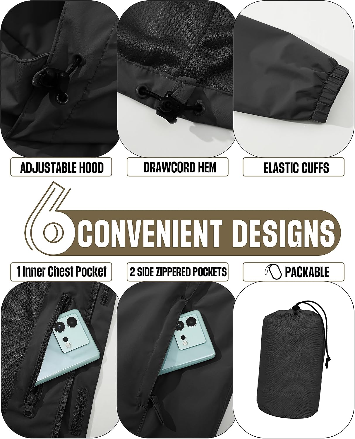 33,000ft Men's Waterproof Rain Jacket Packable Lightweight Hood Rain Shell