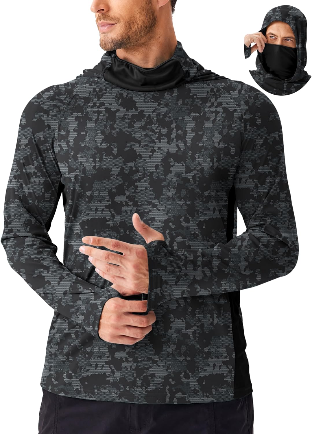 PINSPARK UPF 50+ Sun Hoodie Long Sleeve Fishing Shirts for Men with Mask