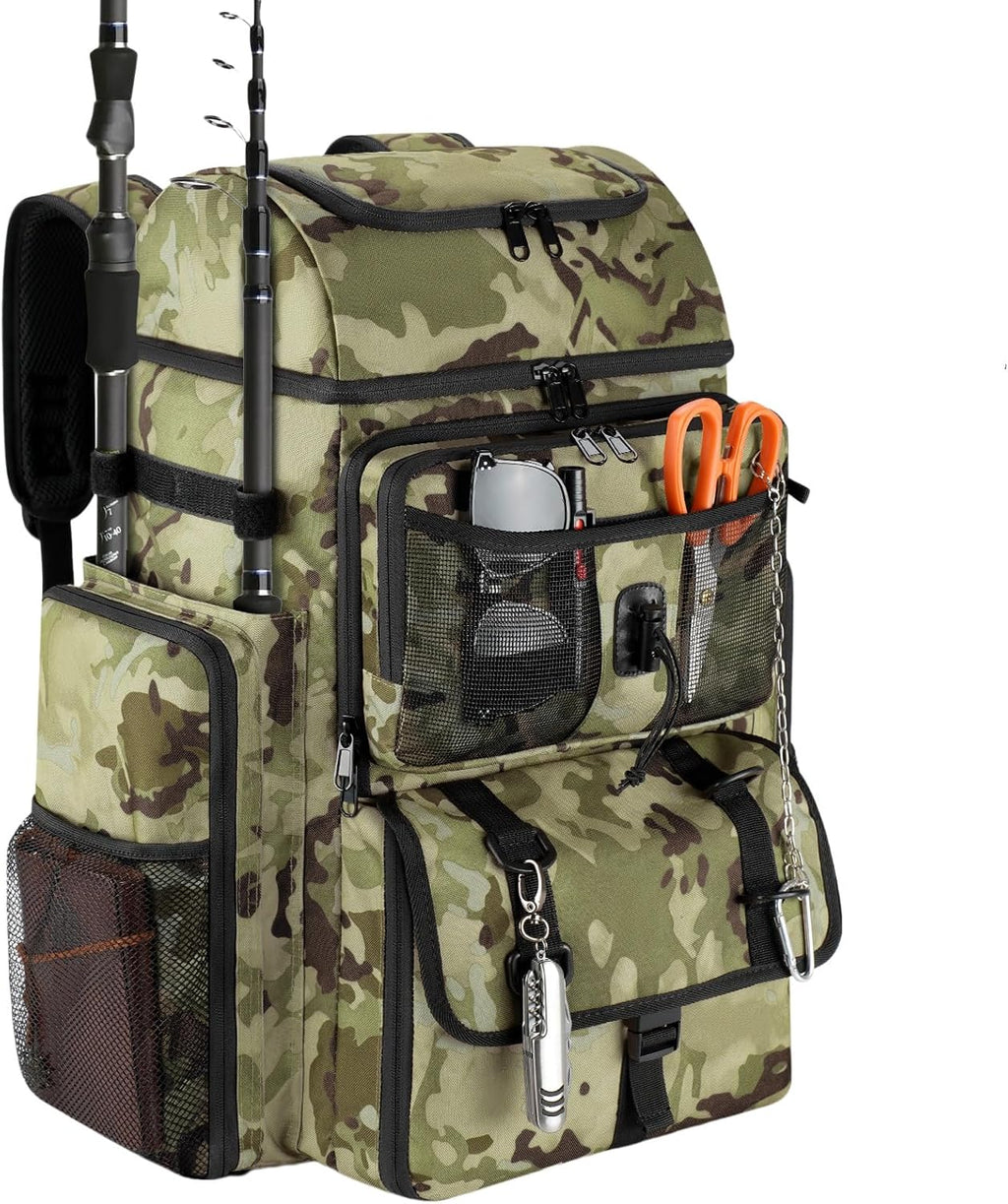 VJI 52L Large Fishing Tackle Backpack with Rod Holders, Green Camo