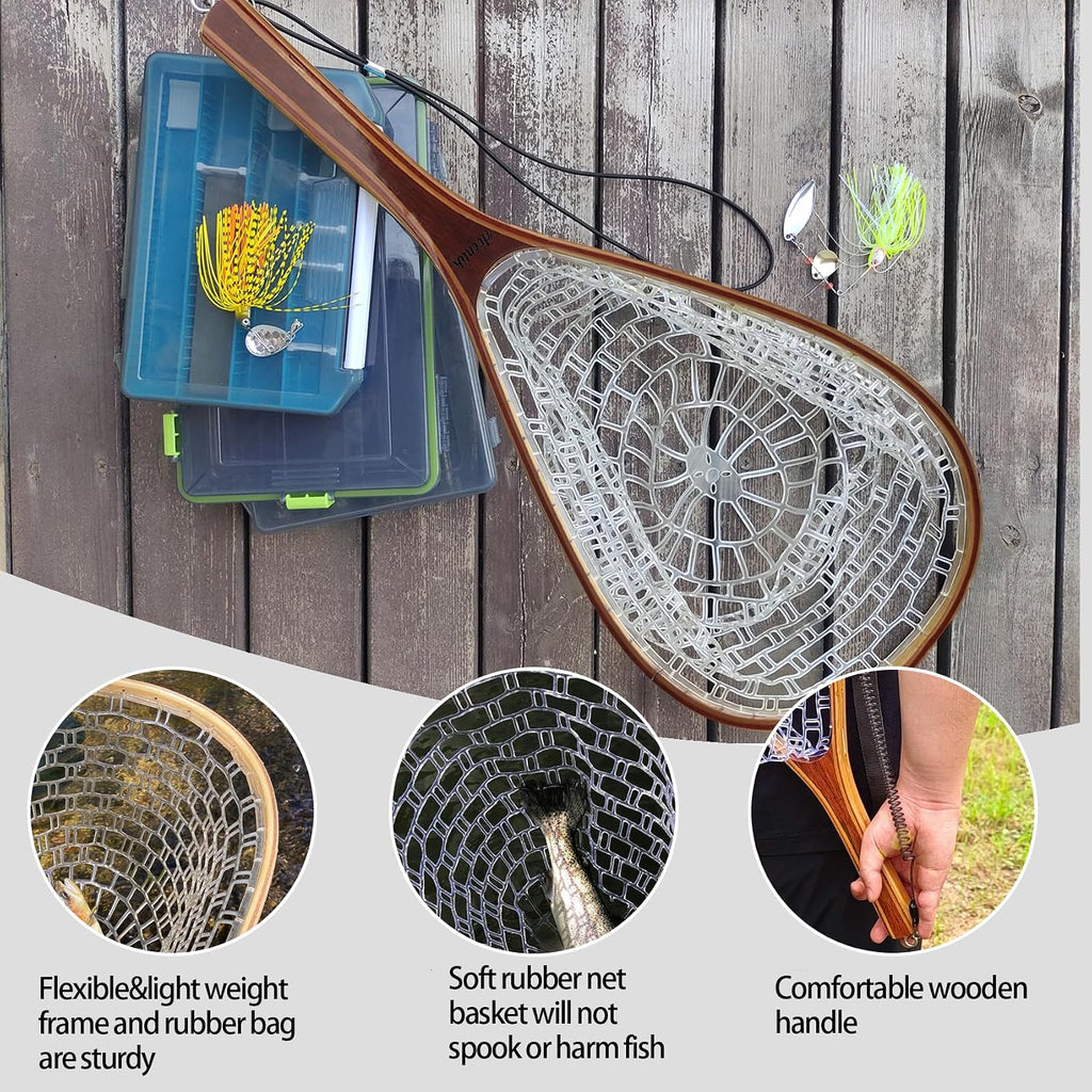 Aventik Fly Fishing Landing Net for Trout Soft Rubber Ghost Mesh Catch and Release Wooden Frame Lightweight and Tangle-Free
