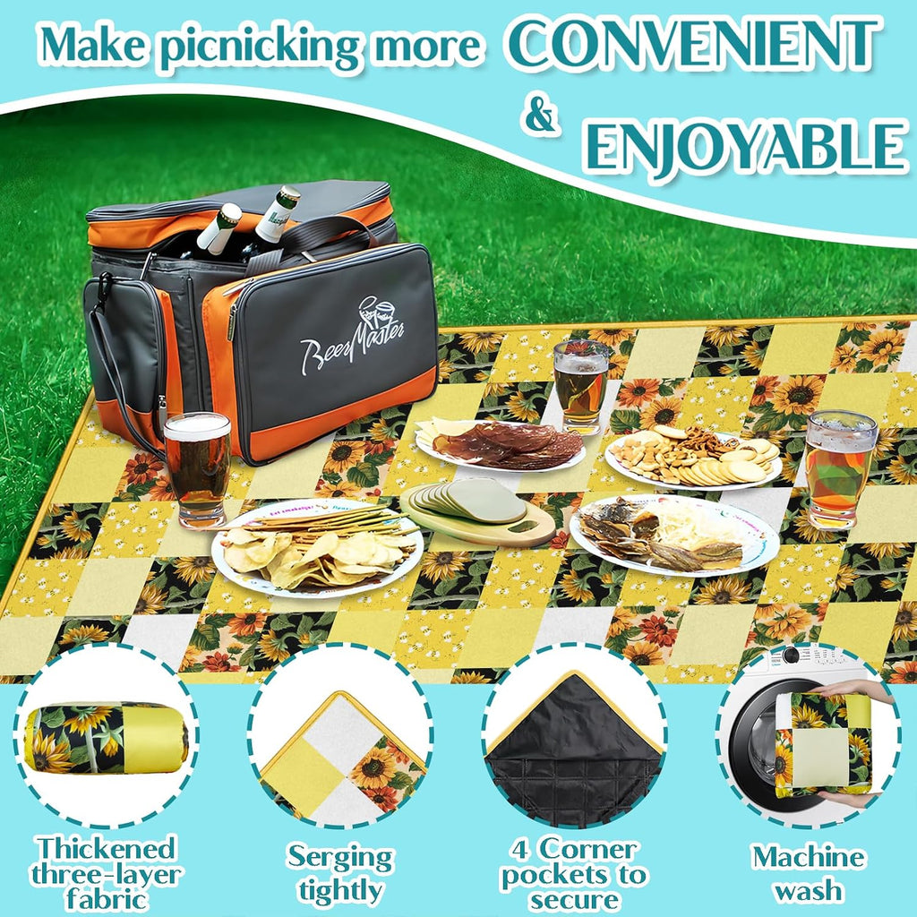 Checkered Picnic Blankets Waterproof Foldable, 60″X80″Sunflower Picnic Mat Outdoor Blanket for Grass, Cute Bee Thick Beach Blanket Sandproof Picnic Accessories for Camping Party Park Patio
