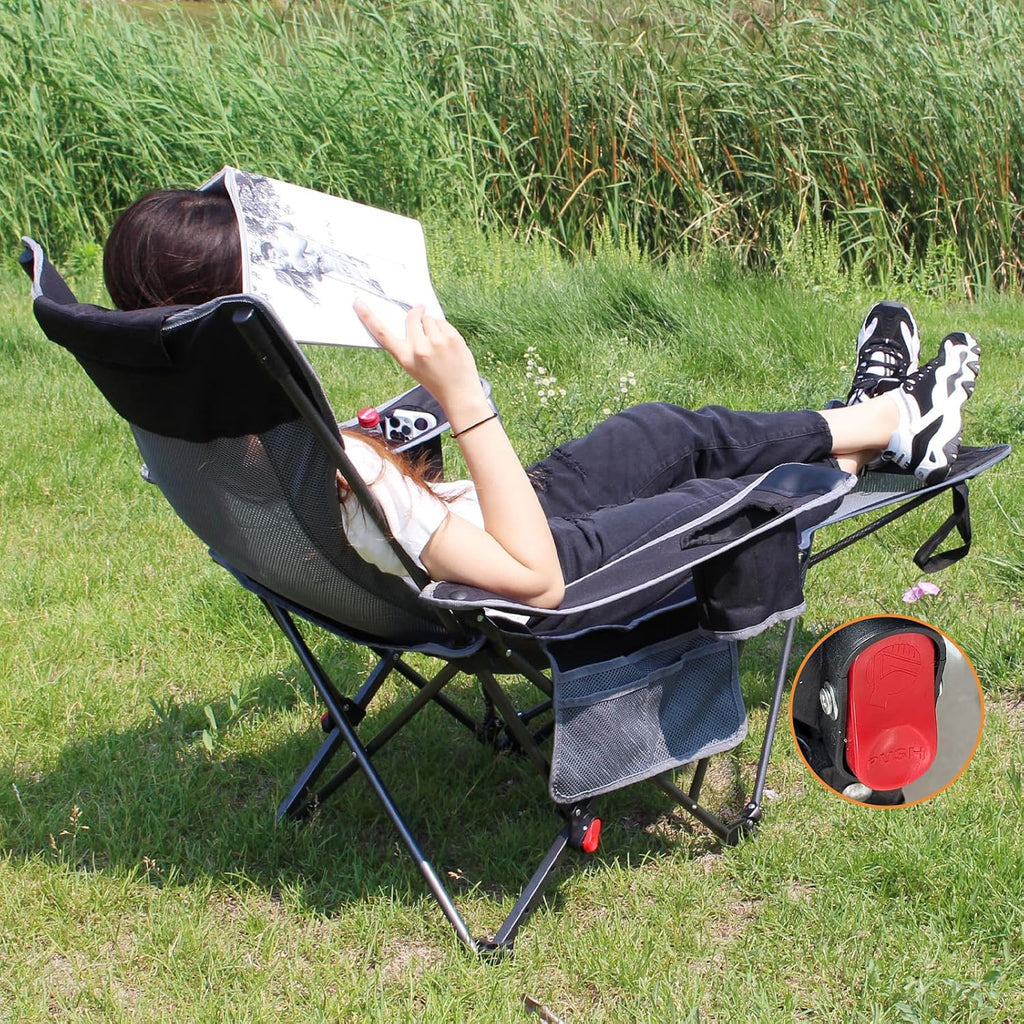 Reclining Camping Chair with Removable Footrest Lounge Chair with Headrest, Cotton Cushion, Portable Adjustable Folding Chairs