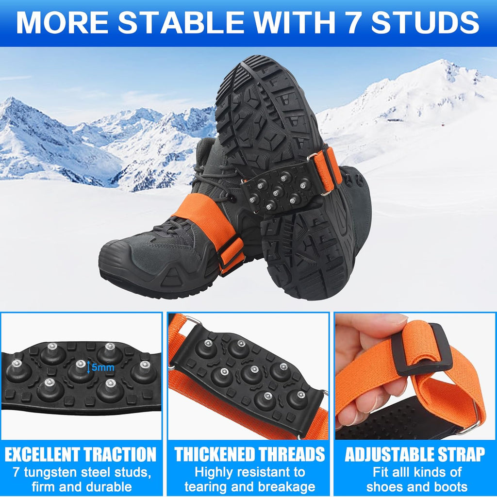 Ice Cleats Mid-Sole Snow Traction Cleats for Walking on Snow and Ice Anti Slip Rotatable Crampons Ice Shoes Grippers 7 Tungsten Studs for Women Men Outdoor/Indoor Jogging Hiking