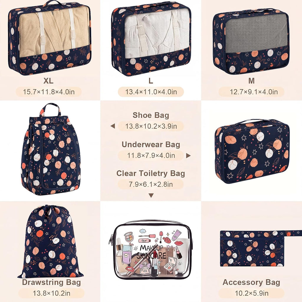 8 Set Packing Cubes for Travel, Durable Luggage Packing Organizers, Carry-On Accessories, TSA Approved See-Through Cubes, Space-Saving Storage Bags, Gifts for Women (Navy Maple Leaf)