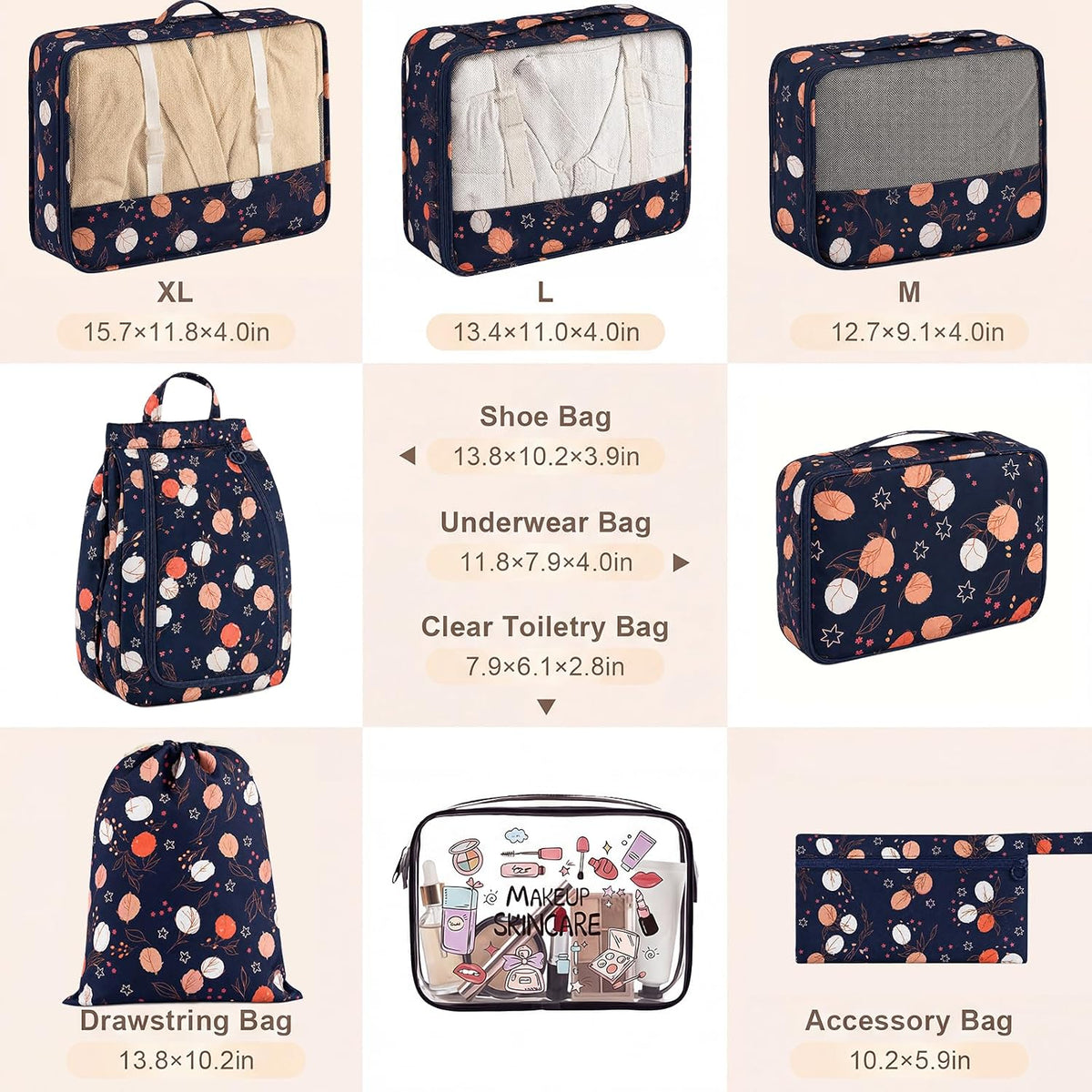 8 Set Packing Cubes for Travel, Durable Luggage Packing Organizers, Carry-On Accessories, TSA Approved See-Through Cubes, Space-Saving Storage Bags, Gifts for Women (Navy Maple Leaf)